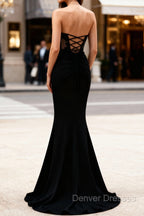 Mermaid Black Corset Strapless Long Prom Dress with Slit