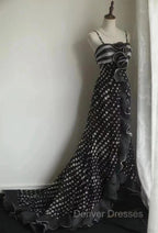 Mermaid Black Spaghetti Strap Chiffon Long Prom Skirt Polka Dot Evening Dress