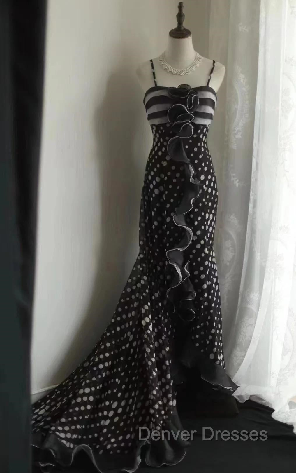 Mermaid Black Spaghetti Strap Chiffon Long Prom Skirt Polka Dot Evening Dress