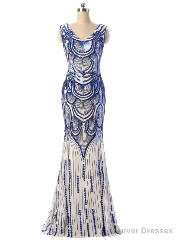 Mermaid Blue Sequins V-neck Prom Dress Main image