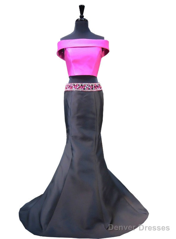 Mermaid Boat Neck Beaded Crystals Two Piece Satin Prom Dress Main image