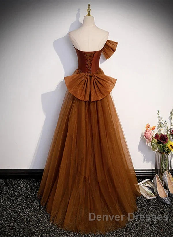 Mermaid Brown Tulle Satin Strapless Long Party Dress Formal Dress Prom Dress With Bow(S) Secondary image