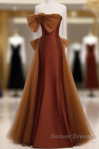Mermaid Brown Tulle Satin Strapless Long Party Dress Formal Dress Prom Dress