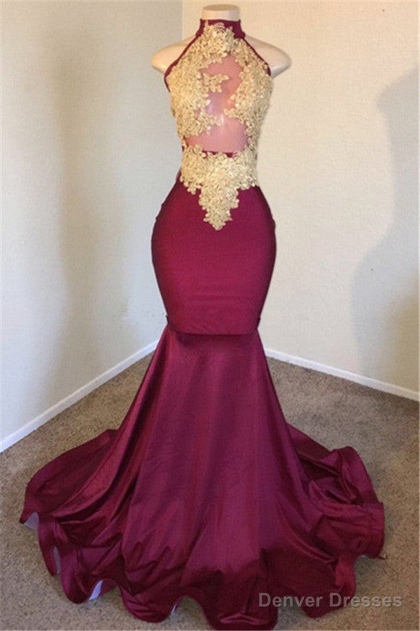 Mermaid Burgundy High-Neck Applique Sleevless Prom Dresses Main image