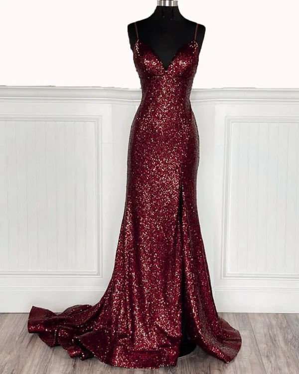 Mermaid Burgundy Sequin Floor Length Prom Dress 22Th Birthday Outfit Secondary image