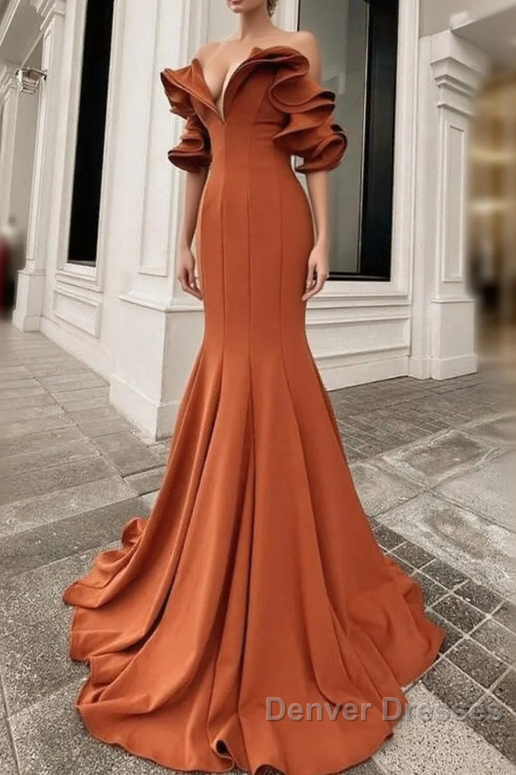 Mermaid Burnt Orange Ruffles Shoulder Dress Main image