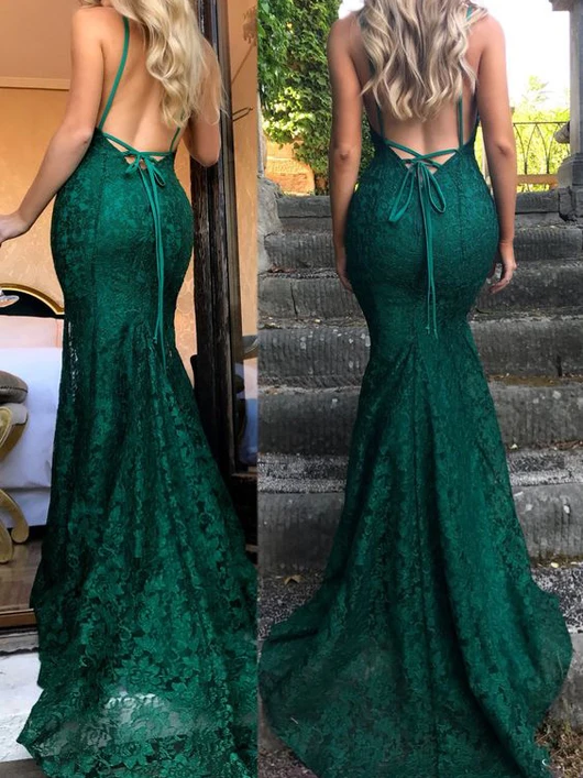 Mermaid Dark Green Prom Dress, Lace Long Prom Dress, Spaghetti Straps Backless Prom Dress