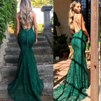Mermaid Dark Green Prom Dress, Lace Long Prom Dress, Spaghetti Straps Backless Prom Dress