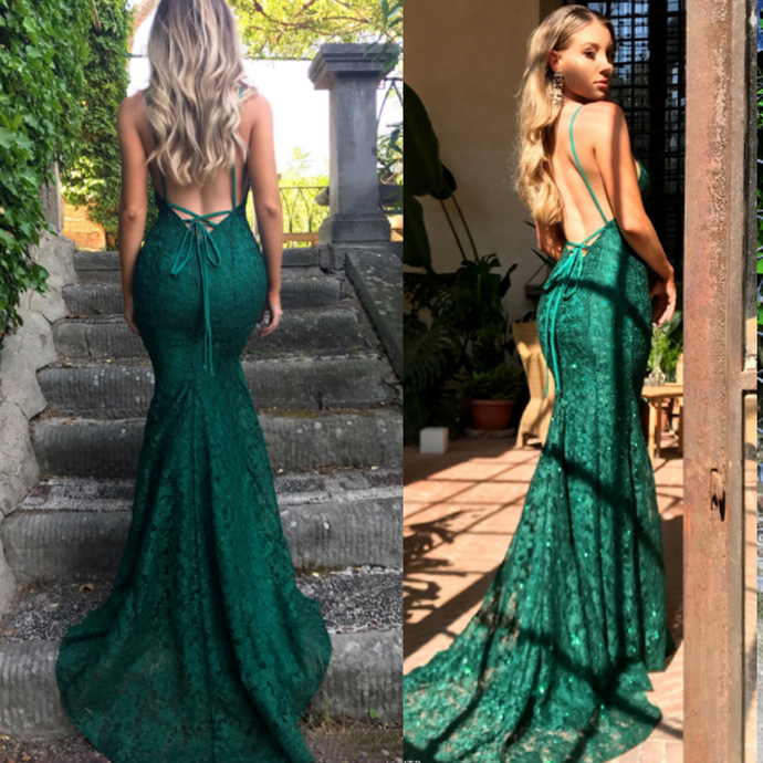 Mermaid Dark Green Prom Dress, Lace Long Prom Dress, Spaghetti Straps Backless Prom Dress