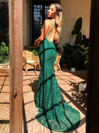 Mermaid Dark Green Prom Dress, Lace Long Prom Dress, Spaghetti Straps Backless Prom Dress