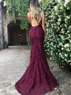 Mermaid Dark Green Prom Dress, Lace Long Prom Dress, Spaghetti Straps Backless Prom Dress