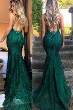 Mermaid Dark Green Prom Dress, Lace Long Prom Dress, Spaghetti Straps Backless Prom Dress