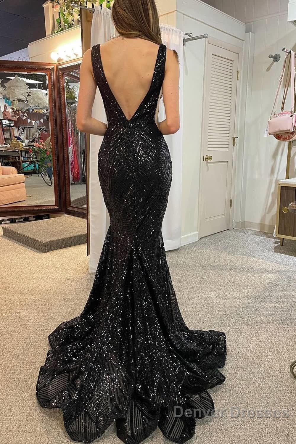 Mermaid Deep V Neck Black Sequins Long Prom Dress with Open Back Secondary image