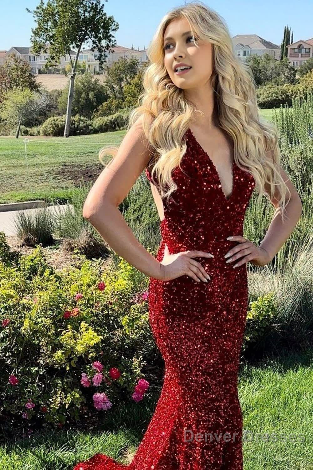 Mermaid Deep V Neck Burgundy Sparkly Long Sequins Prom Dress Main image