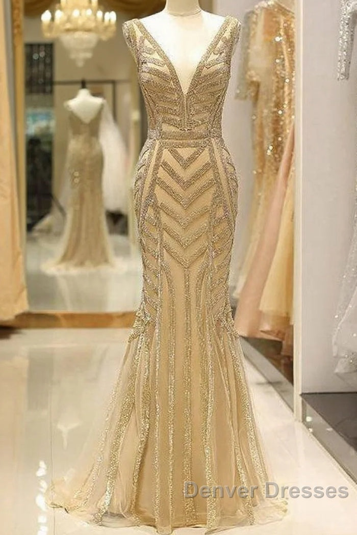 Mermaid Deep V-Neck Gold Beaded Prom Dress Main image