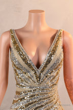Mermaid Deep V Neck Golden Long Prom Dress with Silt