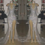 Mermaid Front Slit Deep V-Neck Halter Court Paillette Prom Dress