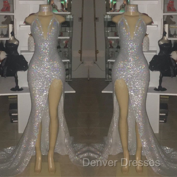 Mermaid Front Slit Deep V-Neck Halter Court Paillette Prom Dress Secondary image