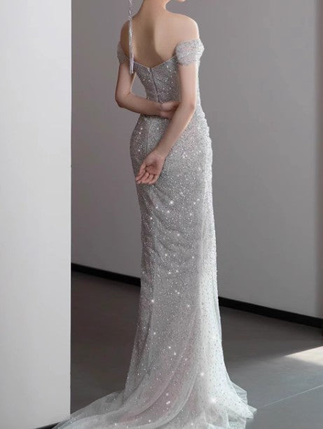 Mermaid Gowne??? Off The Shoulder Tulle Sequins Long Prom Dress For Formal Events &Quinceanera