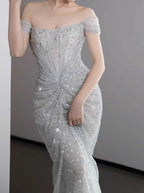 Mermaid Gowne??? Off The Shoulder Tulle Sequins Long Prom Dress For Formal Events &Quinceanera