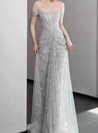 Mermaid Gowne??? Off The Shoulder Tulle Sequins Long Prom Dress For Formal Events &Quinceanera