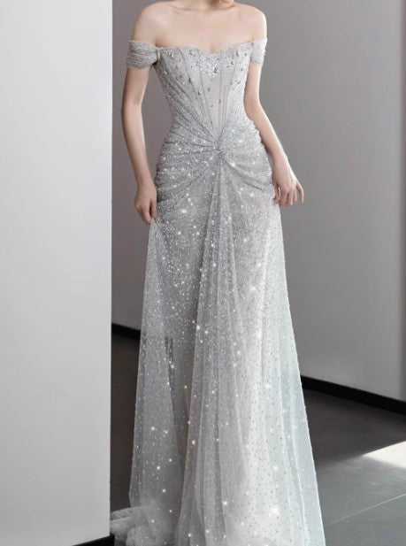 Mermaid Gowne??? Off The Shoulder Tulle Sequins Long Prom Dress For Formal Events &Quinceanera