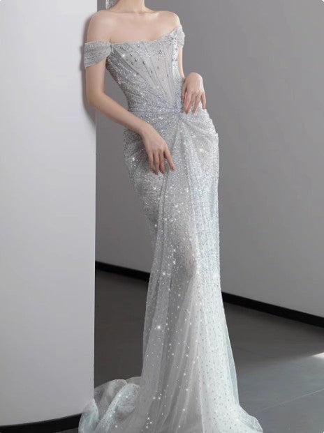 Mermaid Gowne??? Off The Shoulder Tulle Sequins Long Prom Dress For Formal Events &Quinceanera