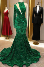 Mermaid Green Sequin Prom Dress One Shoulder High Neck