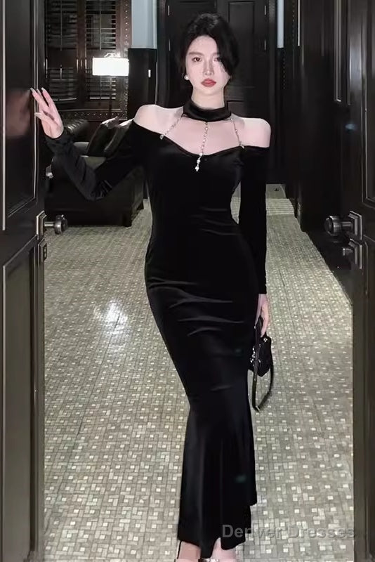Mermaid Halter Black Birthday Dress Velvet 21Th Birthday Outfits