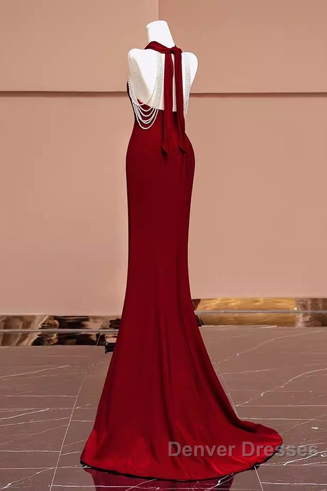 Mermaid Halter Burgundy Long Prom Dress