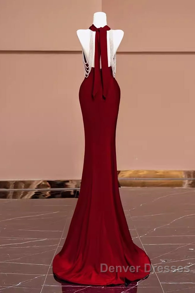 Mermaid Halter Burgundy Long Prom Dress