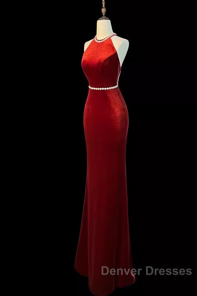 Mermaid Halter Burgundy Long Velvet Prom Dress