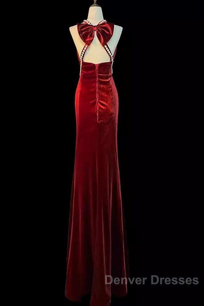 Mermaid Halter Burgundy Long Velvet Prom Dress