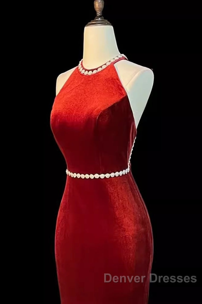 Mermaid Halter Burgundy Long Velvet Prom Dress