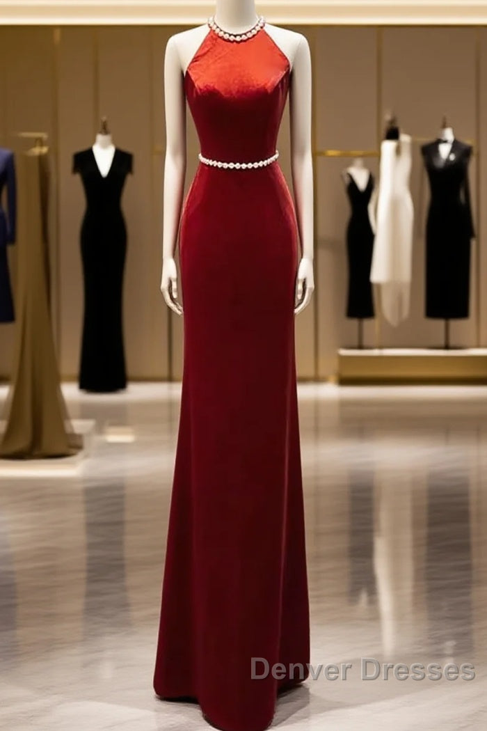 Mermaid Halter Burgundy Long Velvet Prom Dress
