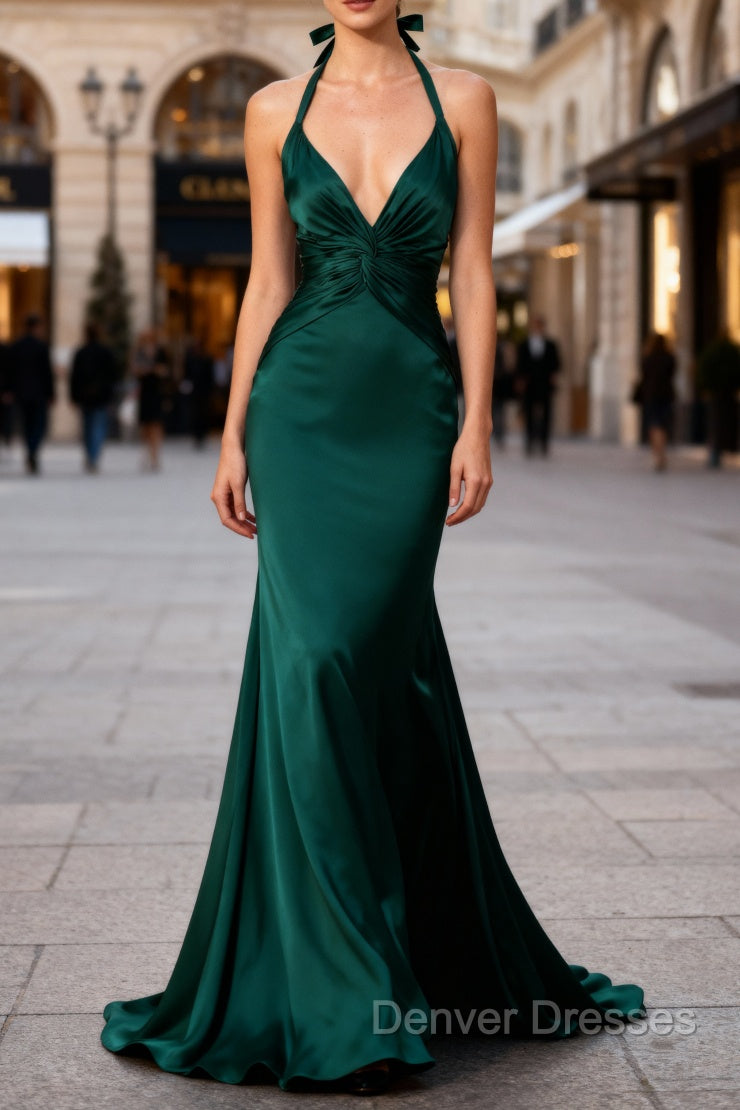 Mermaid Halter Dark Green Long Satin Bridesmaid Dress Main image