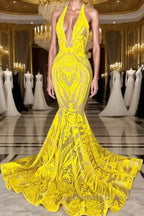 Mermaid Halter Floor-length Sleeveless Open Back Appliques Lace Prom Dress