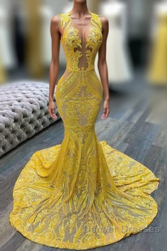 Mermaid Halter Floor-length Sleeveless Open Back Sequined Appliques Lace Prom Dress Main image
