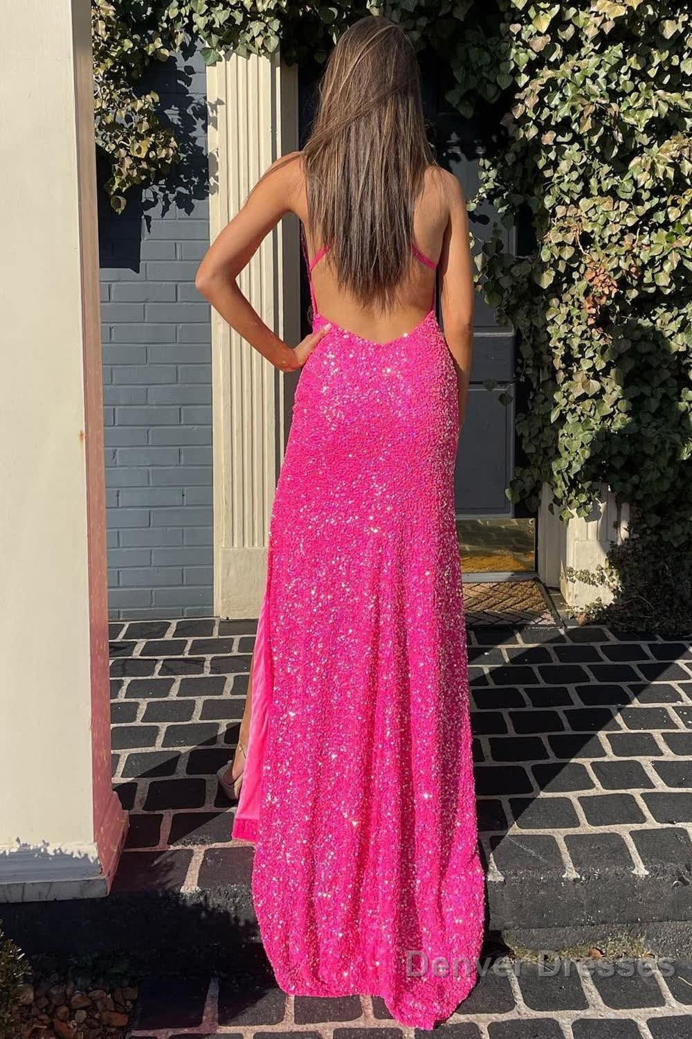 Mermaid Halter Neck Hot Pink Sequins Long Prom Dress with Split Front Secondary image