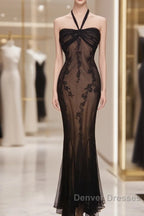 Mermaid Halter Neck Tulle Applique Long Prom Dress