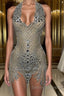 Mermaid Halter Sequined Jersey Beading Sleeveless Mini Rhinestone Party Dress