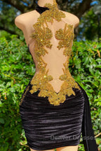 Mermaid High Neck Applique Lace Mini Sleeveless Backless Prom Dress With Side Train