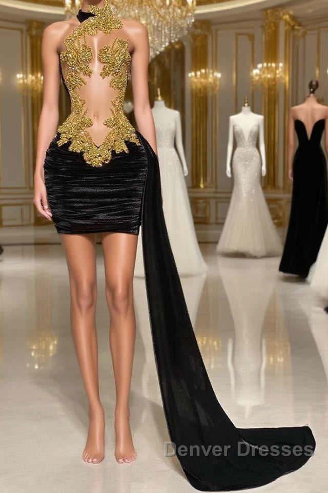 Mermaid High Neck Applique Lace Mini Sleeveless Backless Prom Dress With Side Train Main image