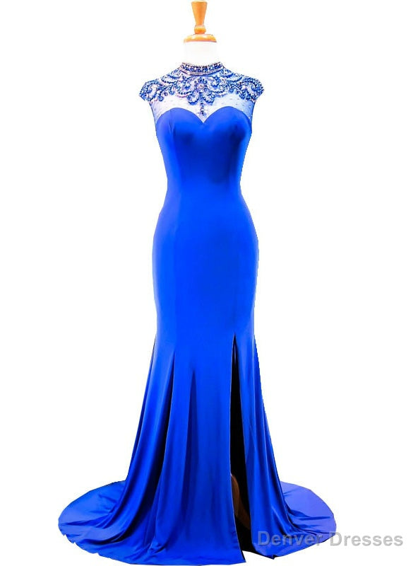 Mermaid High Neck Beaded Back African Royal Blue Prom Dress Main image