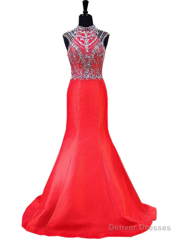 Mermaid High Neck Beaded Crystals Floor Length Backless Prom Dress Main image