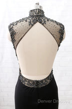 Mermaid High Neck Beaded Jersey Black Formal Evening Prom Gown With Slit