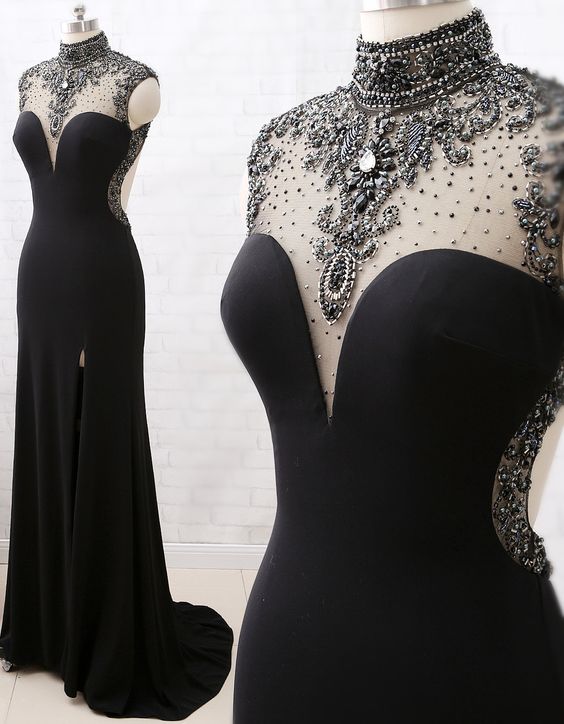 Mermaid High Neck Beaded Jersey Black Formal Evening Prom Gown With Slit Main image