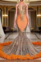 Mermaid High Neck Floor-length Sleeveless Appliques Lace Prom Dress With Feather