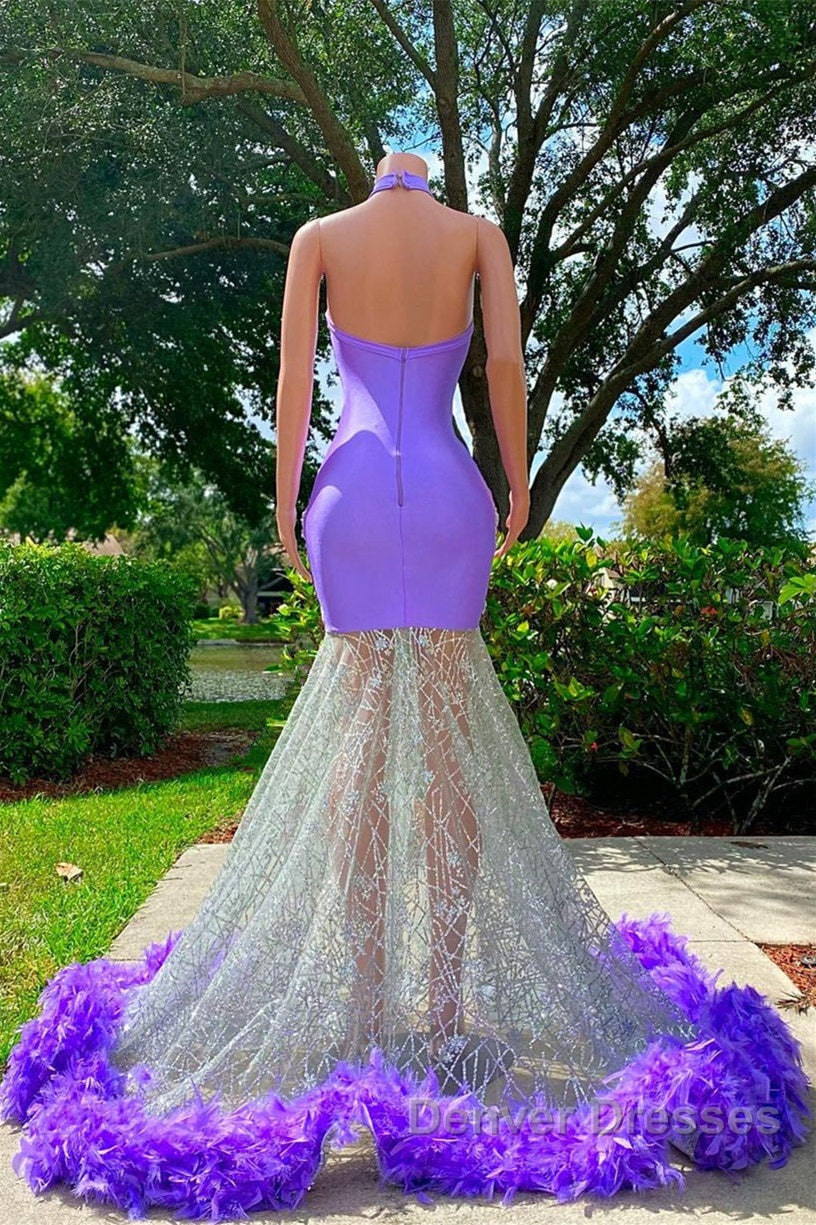 Mermaid High Neck Floor-length Sleeveless Open Back Appliques Lace Beaded Prom Dress With Feather