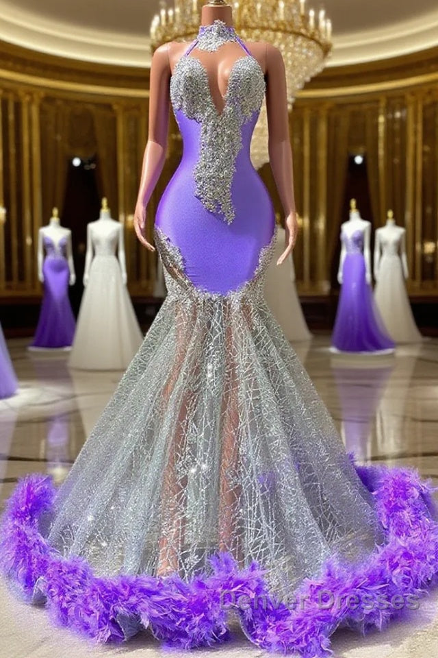 Mermaid High Neck Floor-length Sleeveless Open Back Appliques Lace Beaded Prom Dress With Feather